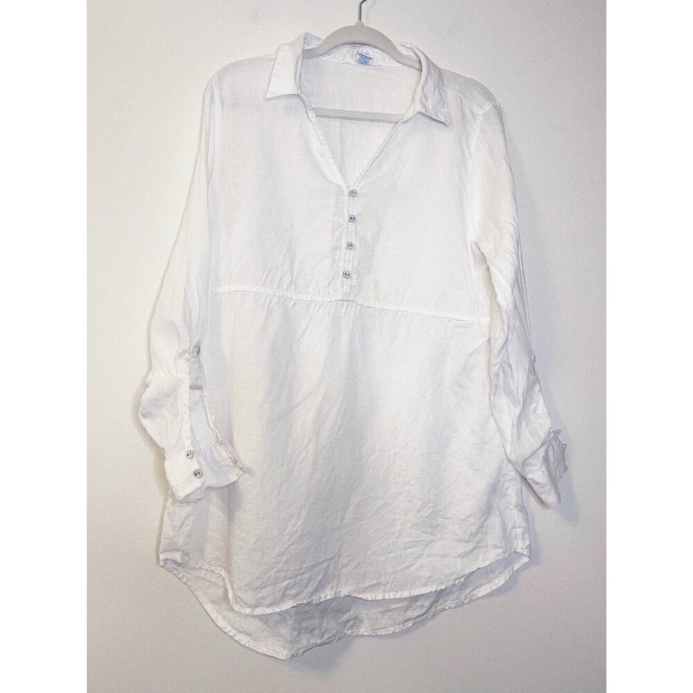 Sigrid Olsen 100% Linen White Popover Button Front Blouse Medium Resortwear
